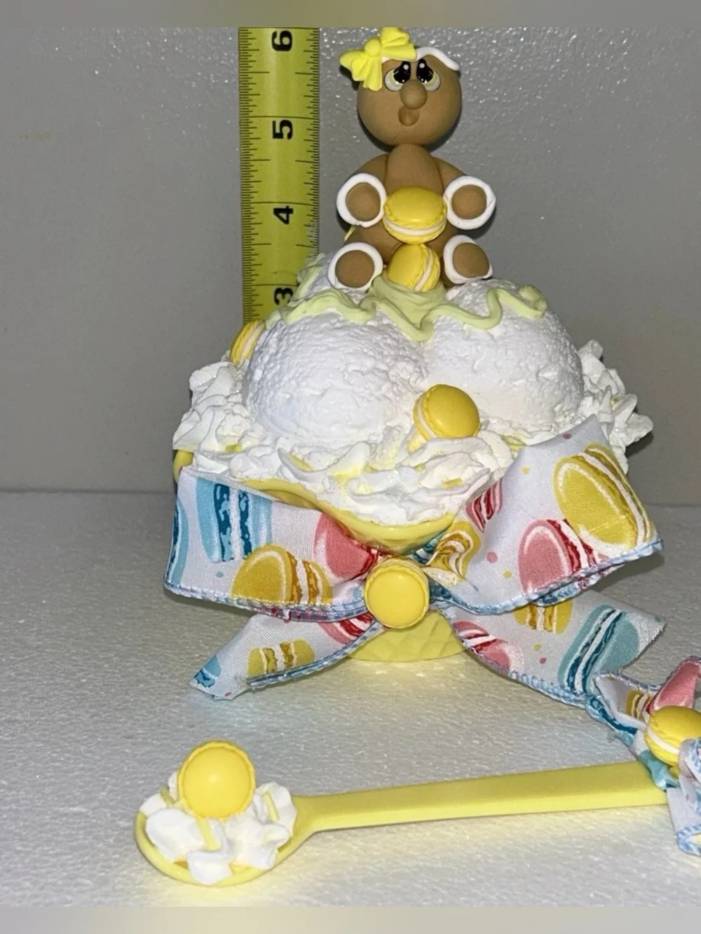 Yellow & White Fake Gingerbread Macaron Ice Cream Bowl Display Handmade